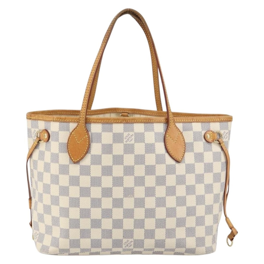 Neverfull PM Tote Bag Damier Azur Canvas Beige by Louis Vuitton: Neverfull PM Tote Bag Damier Azur Canvas Beige by Louis Vuitton This pre-owned Louis Vuitton Neverfull PM tote bag in Damier Azur features a beige canvas exterior. Designed for women, it shows signs o