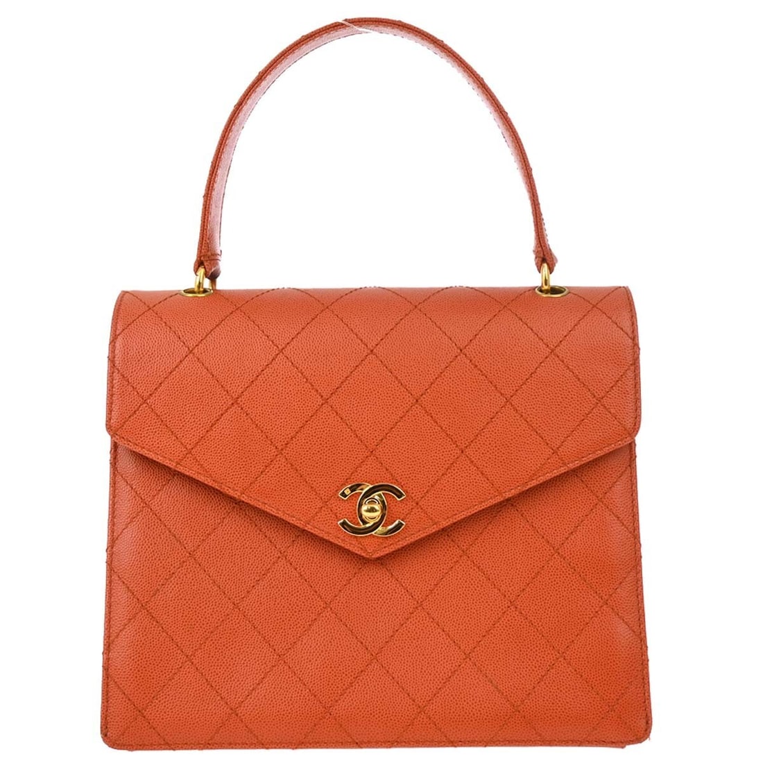 Chanel Caviar Orange Top Handle Handbag with Lambskin Lining: Chanel Caviar Orange Top Handle Handbag with Lambskin Lining This elegant Chanel Top Handle Handbag is crafted from luxurious orange caviar skin, providing both style and durability. The bag features