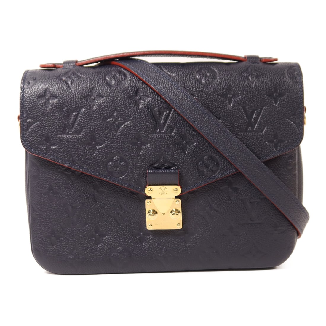 Pochette Metis Navy Calfskin Shoulder Bag with Gold Hardware by Louis Vuitton: Pochette Metis Navy Calfskin Shoulder Bag with Gold Hardware by Louis Vuitton This Louis Vuitton Pochette Metis 2-way bag features navy Monogram Empreinte calfskin leather and offers versatile carryin