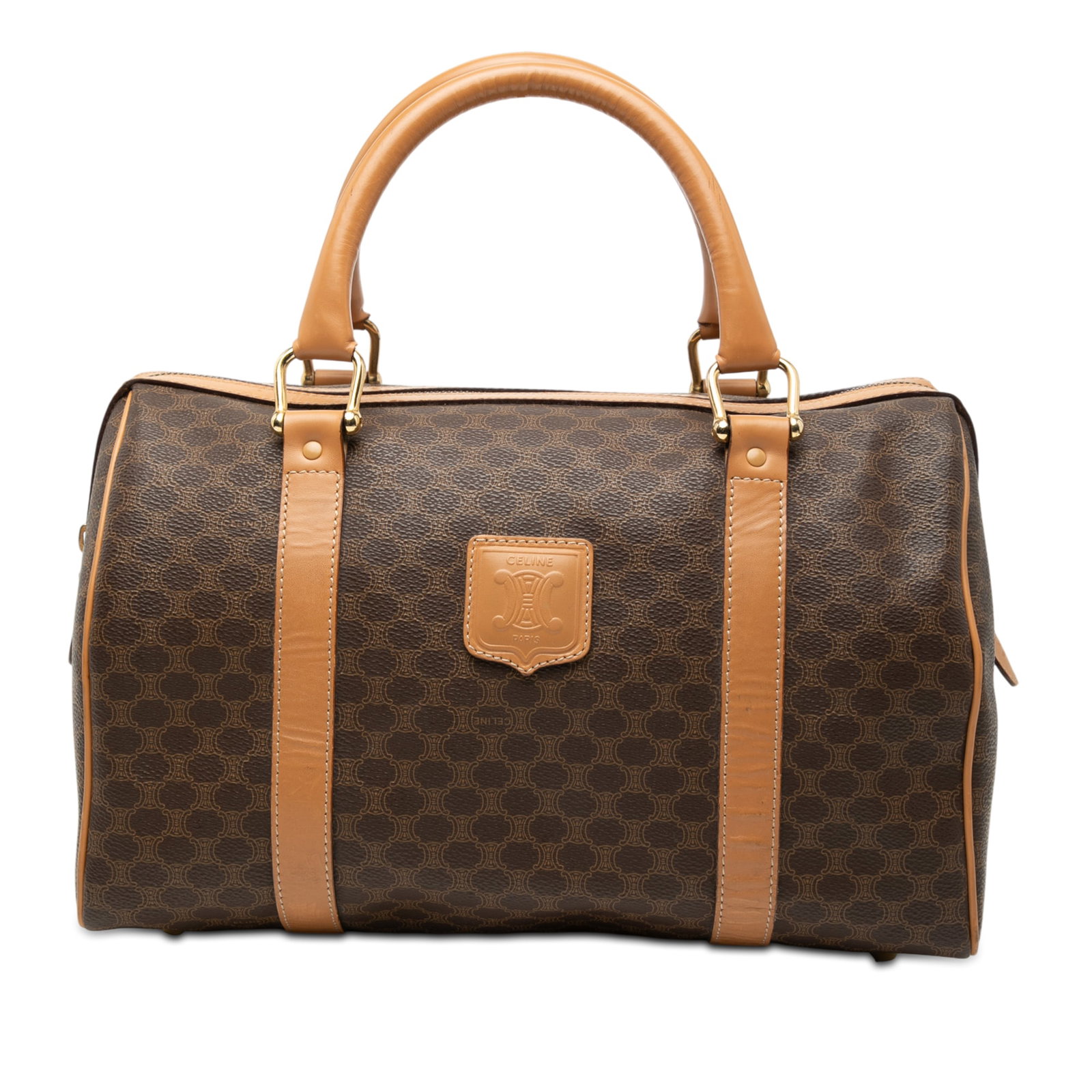 Celine Macadam Brown Coated Canvas Boston Handbag with Leather Trim (1 of 7)