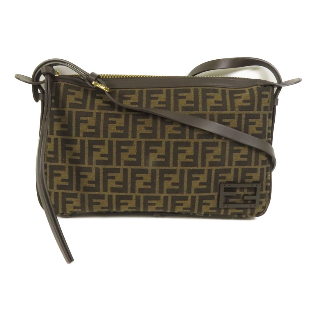 Fendi Canvas Brown Shoulder Bag with Gold Tone Hardware: Fendi Canvas Brown Shoulder Bag with Gold Tone Hardware This FENDI shoulder bag is crafted from brown canvas and features a classic design with a structured silhouette. The bag is designed for regular