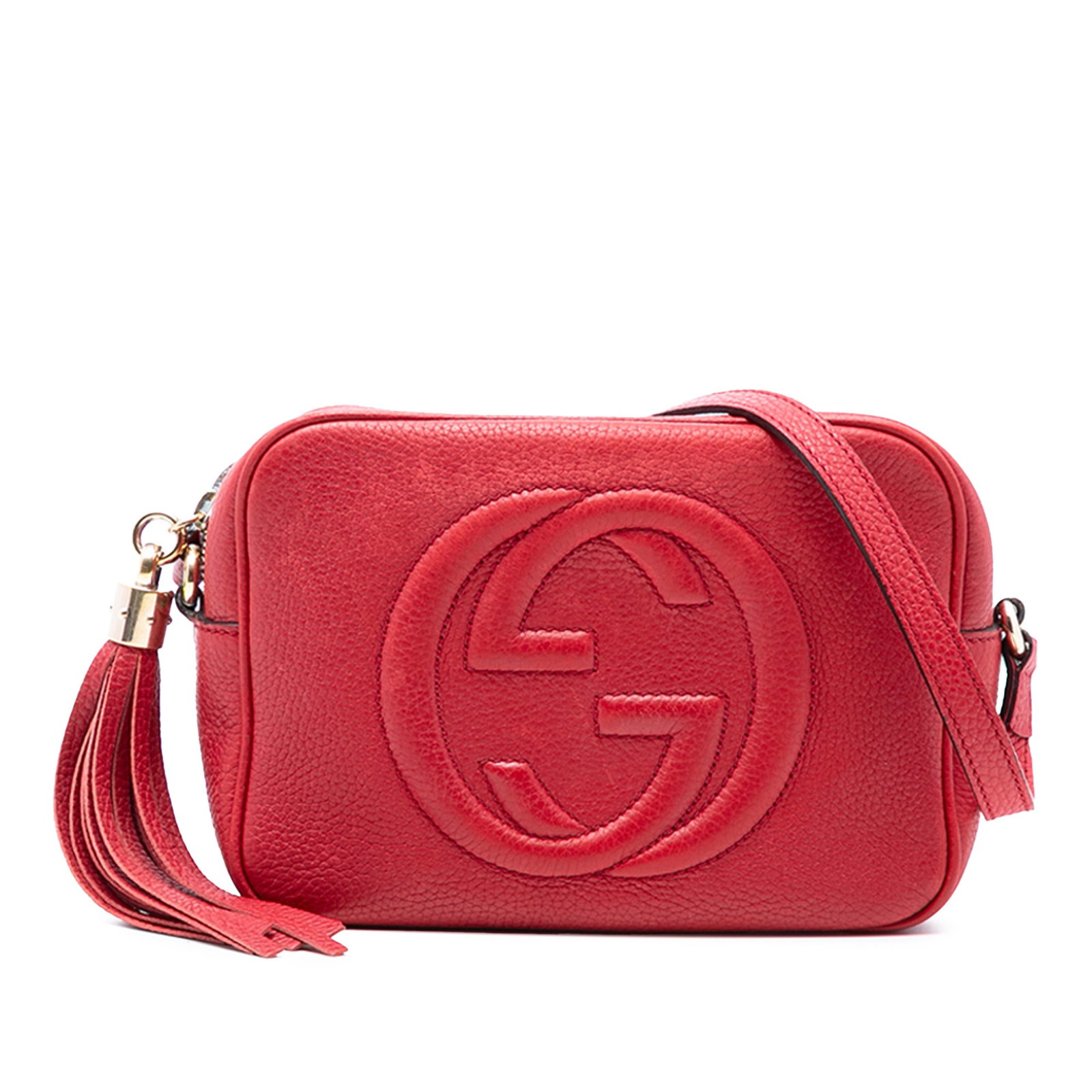 Red Leather Soho Disco Crossbody Bag by Gucci Adjustable Strap Tassel Detail: Red Leather Soho Disco Crossbody Bag by Gucci Adjustable Strap Tassel Detail This Gucci Soho Disco crossbody bag features a red leather body with a distinctive tassel detail, an adjustable flat leathe