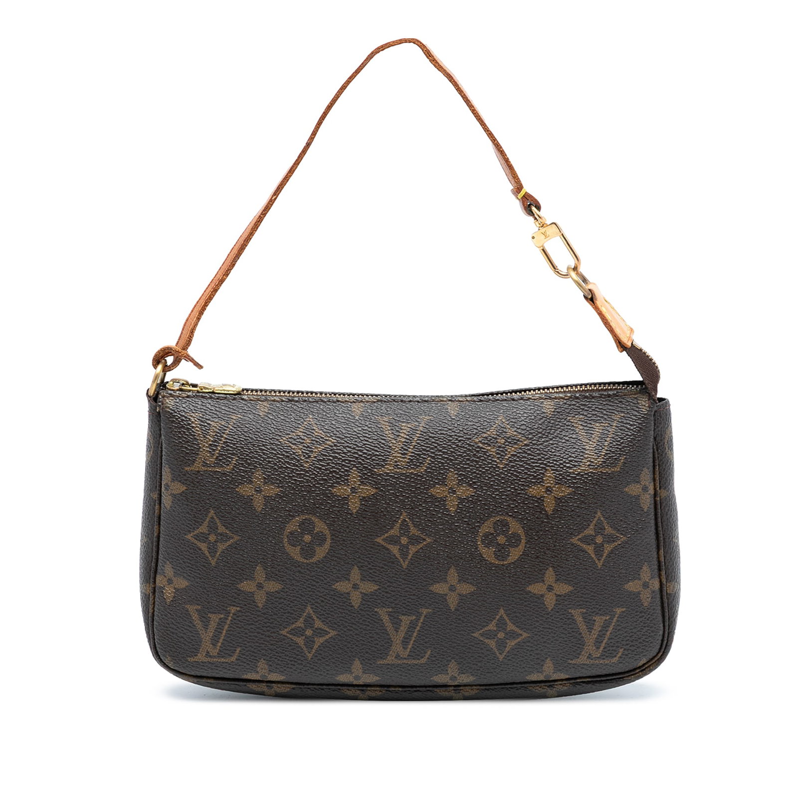 Louis Vuitton brown monogram canvas Pochette Accessoires handbag with leather strap: Louis Vuitton brown monogram canvas Pochette Accessoires handbag with leather strap This Louis Vuitton Monogram Pochette Accessoires features the signature monogram canvas body with a flat vachetta le
