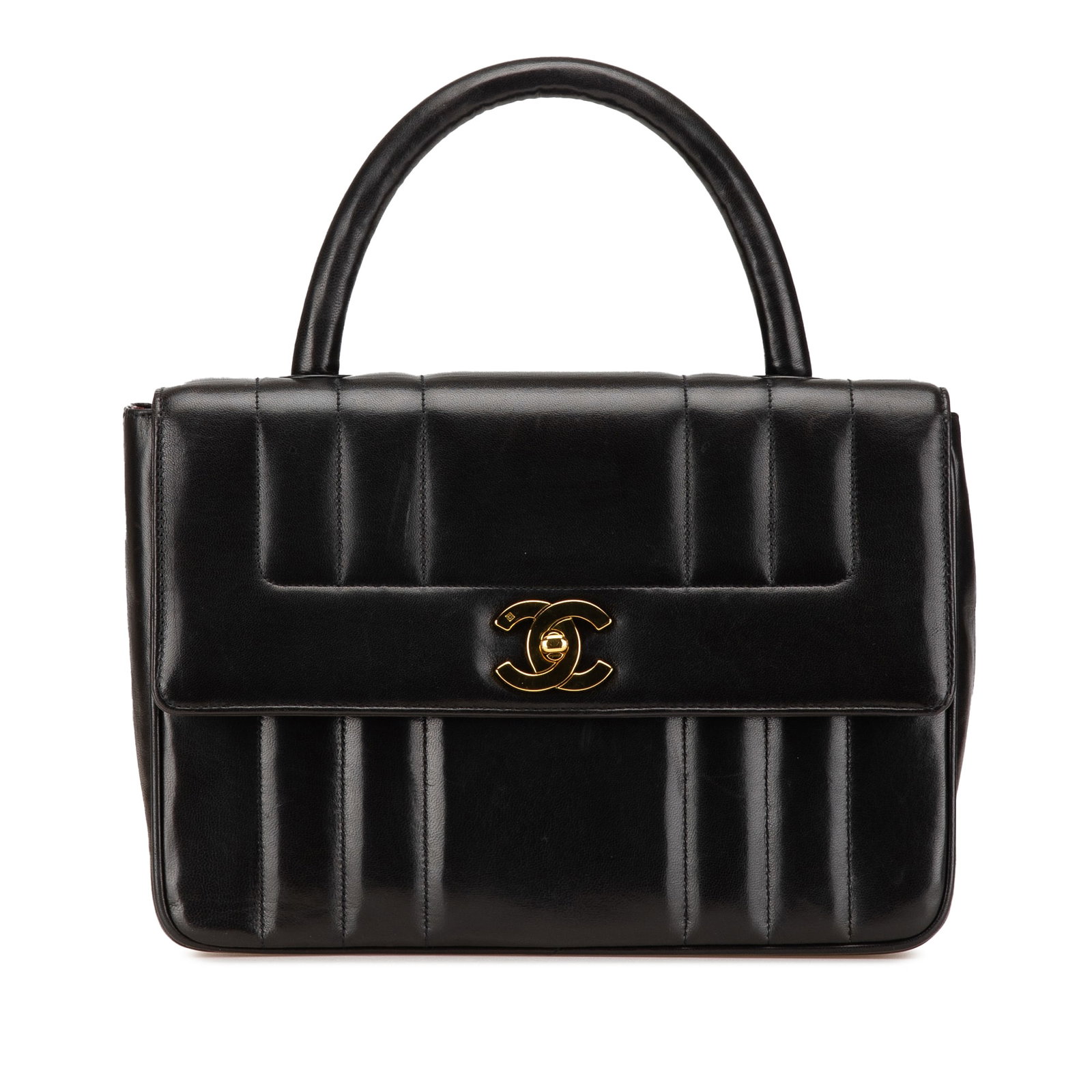 Black Caviar Leather Mademoiselle Top Handle Bag by Chanel: Black Caviar Leather Mademoiselle Top Handle Bag by Chanel This Chanel Mademoiselle Top Handle Handbag is crafted from caviar leather in black and features a rolled leather handle, a front flap with t