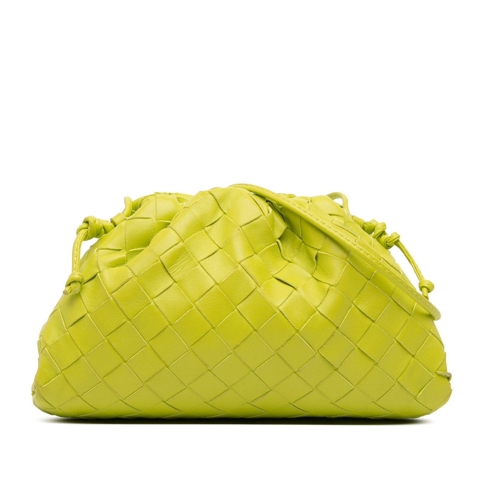 Green Leather Mini Pouch Crossbody Bag by Bottega Veneta Nappa Intrecciato: Green Leather Mini Pouch Crossbody Bag by Bottega Veneta Nappa Intrecciato This Bottega Veneta Nappa Intrecciato The Mini Pouch Crossbody features a woven leather body, a flat leather strap, and a mag