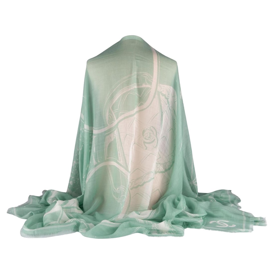 Chanel CC Cashmere Shawl Aqua 72x54 Italy 21st Century: Chanel CC Cashmere Shawl Aqua 72x54 Italy 21st Century Introducing the Chanel CC Cashmere Aqua Shawl, an elegant accessory that effortlessly transitions from day to night. Crafted from luxurious cashm