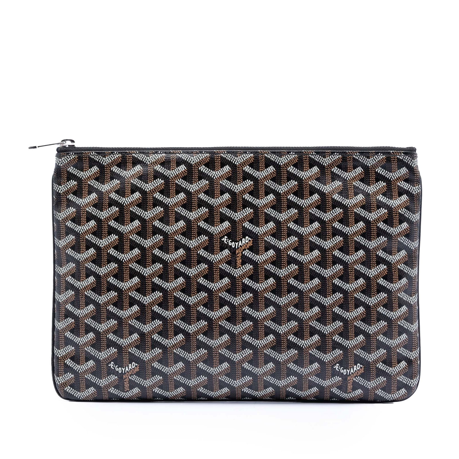 Black Coated Canvas Goyard Senat MM Pouch with Leather Trim: Black Coated Canvas Goyard Senat MM Pouch with Leather Trim The Goyardine Senat MM is crafted from coated canvas with leather trim and features a top zip closure and an interior slip pocket. This blac