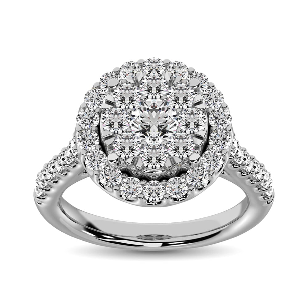 14K White Gold 1/2 Ct.tw Invisible Diamond Fashion Ring: 14K White Gold 1/2 Ct.tw Invisible Diamond Fashion Ring This 14K white gold cluster ring features 1/10 Ct.Tw. center diamond wrapped in frame of smaller diamonds of totaling 1/2 Ct.Tw. 14k White Gold