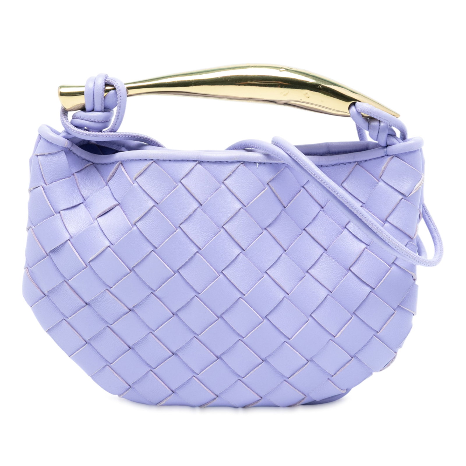 Purple Bottega Veneta Sardine Satchel Woven Lambskin Gold Tone Handle: Purple Bottega Veneta Sardine Satchel Woven Lambskin Gold Tone Handle This Bottega Veneta Baby Lambskin Intrecciato Sardine satchel features a woven lambskin leather body in purple, complemented by a