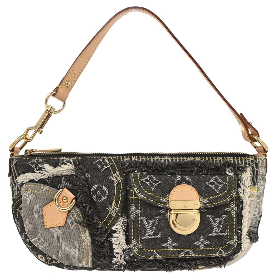 Louis Vuitton Pouchy Gray Denim Monogram Patchwork Medium Shoulder Bag: Louis Vuitton Pouchy Gray Denim Monogram Patchwork Medium Shoulder Bag This Louis Vuitton Pouchy handbag features a gray monogram denim exterior with beige handles and a patchwork design. The bag is m