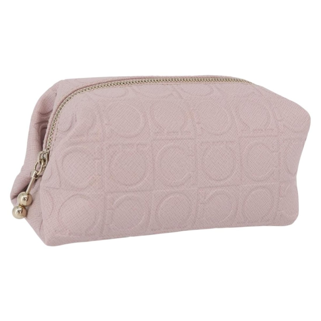 Pink Leather Gancini Pouch by Salvatore Ferragamo Gold Accents: Pink Leather Gancini Pouch by Salvatore Ferragamo Gold Accents This Salvatore Ferragamo Gancini pouch features a pink and gold leather exterior, offering a stylish and versatile accessory for women. C