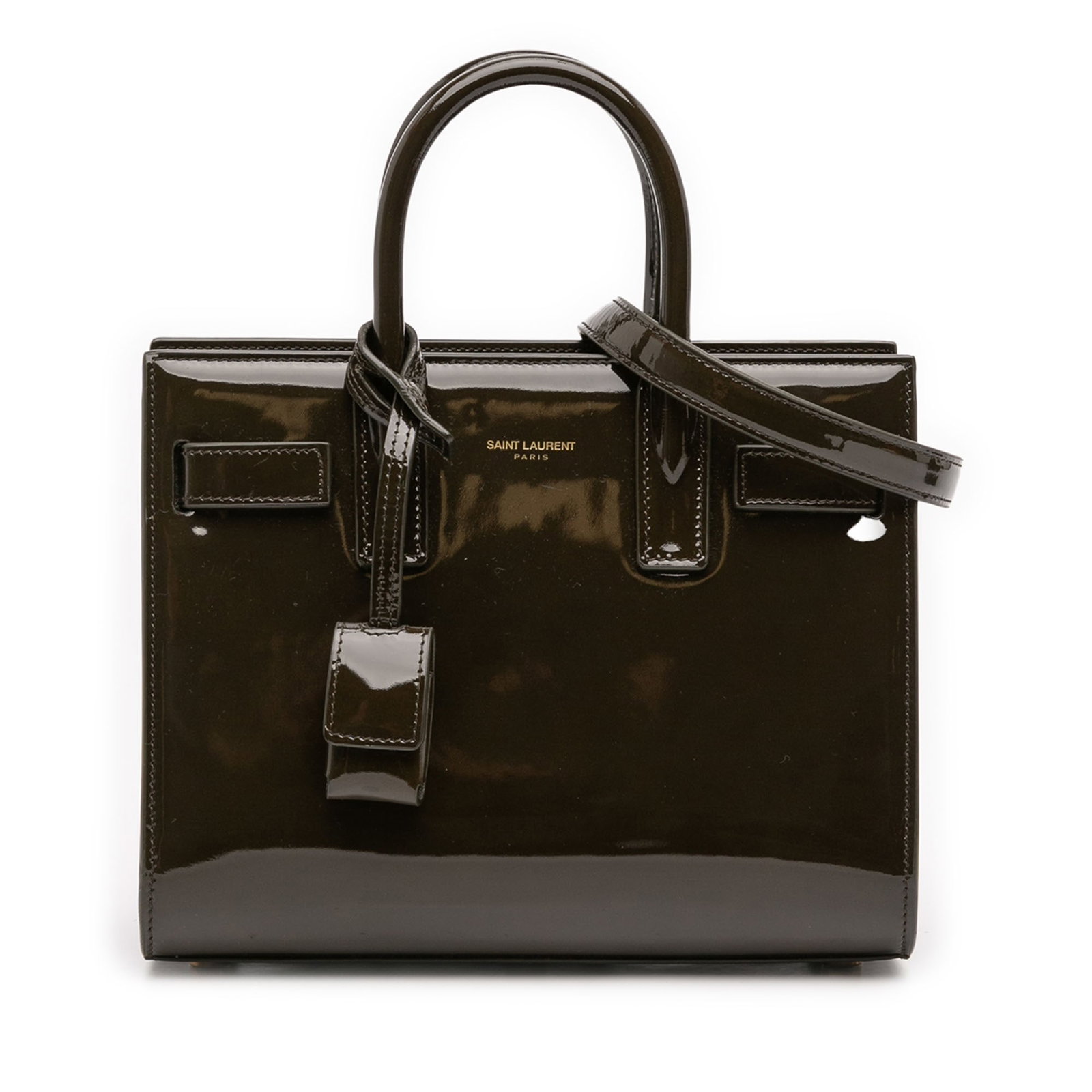 Green Patent Leather Nano Sac de Jour Shoulder Bag by Saint Laurent: Green Patent Leather Nano Sac de Jour Shoulder Bag by Saint Laurent This Saint Laurent Nano Patent Sac de Jour Satchel features a green patent leather body with rolled leather handles and a detachable