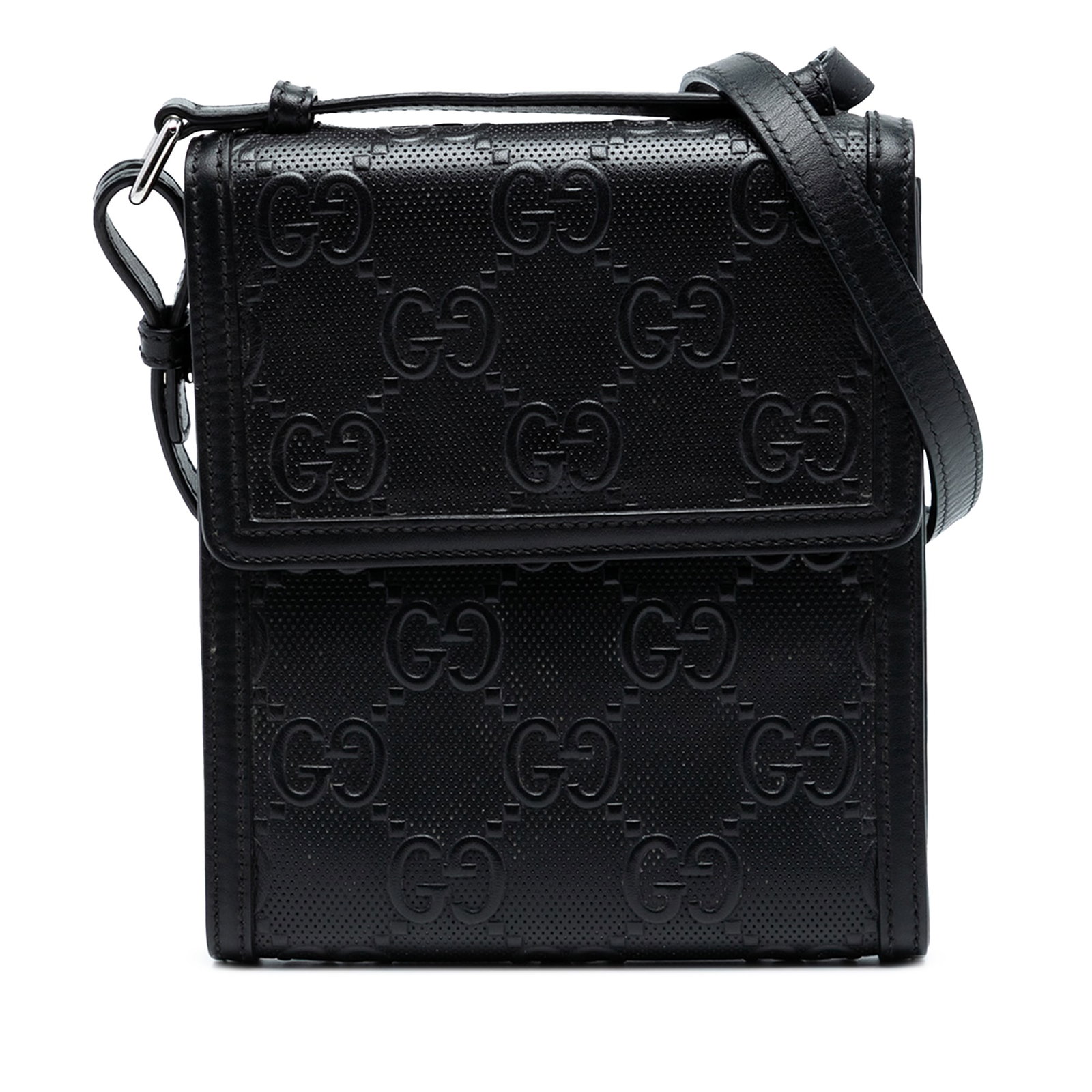 Black GG Embossed Leather Crossbody Bag by Gucci with Flap Closure: Black GG Embossed Leather Crossbody Bag by Gucci with Flap Closure This Gucci crossbody bag features GG embossed and perforated black leather, complemented by a flat leather shoulder strap and a flap