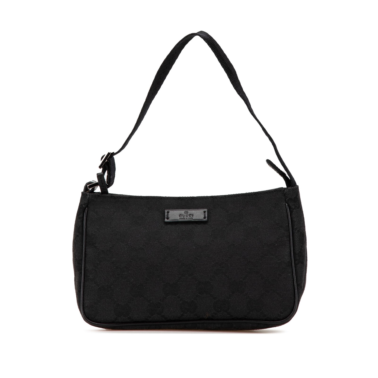 Black GG Canvas Shoulder Bag with Leather Trim by Gucci: Black GG Canvas Shoulder Bag with Leather Trim by Gucci This Gucci GG Canvas Handbag features a canvas body with leather trim, a flat leather strap, a top zip closure, and an interior slip pocket. The