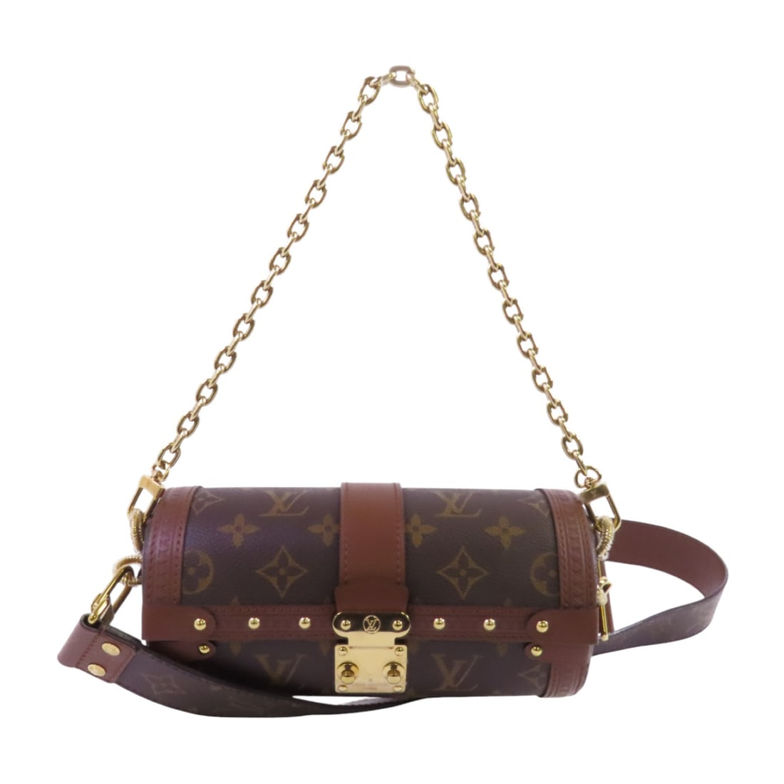 Papillon Monogram Brown Handbag with Gold Hardware by Louis Vuitton M57835: Papillon Monogram Brown Handbag with Gold Hardware by Louis Vuitton M57835 This Louis Vuitton Papillon shoulder bag features the classic monogram pattern in brown on a PVC coated canvas exterior. Desi