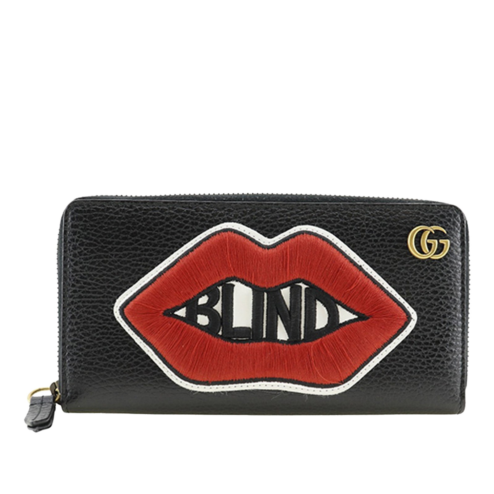 Gucci GG Marmont Black Leather Embroidered Zip Wallet Blind For Love: Gucci GG Marmont Black Leather Embroidered Zip Wallet Blind For Love This Gucci GG Marmont wallet is crafted from pebbled calfskin leather and features embroidered 'Blind For Love' details. It has a z