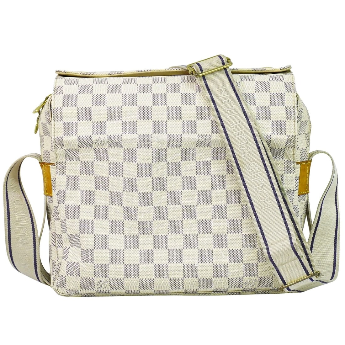 Louis Vuitton Naviglio White Damier Canvas Unisex Shoulder Bag: Louis Vuitton Naviglio White Damier Canvas Unisex Shoulder Bag The Louis Vuitton Naviglio Handbag features a white Damier canvas design, suitable for unisex use. This handbag exhibits signs of use, in