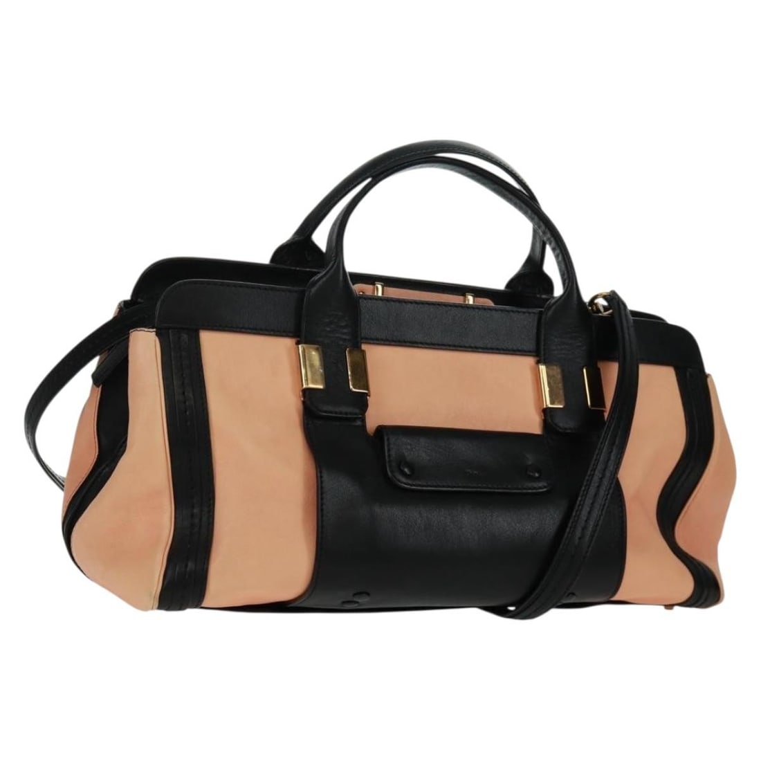 Chloe Alice Beige and Black Leather Handbag with Shoulder Strap: Chloe Alice Beige and Black Leather Handbag with Shoulder Strap This Chloe Alice handbag is crafted from leather in beige, black, and gold tones. Designed as a versatile 2-way bag, it features both to