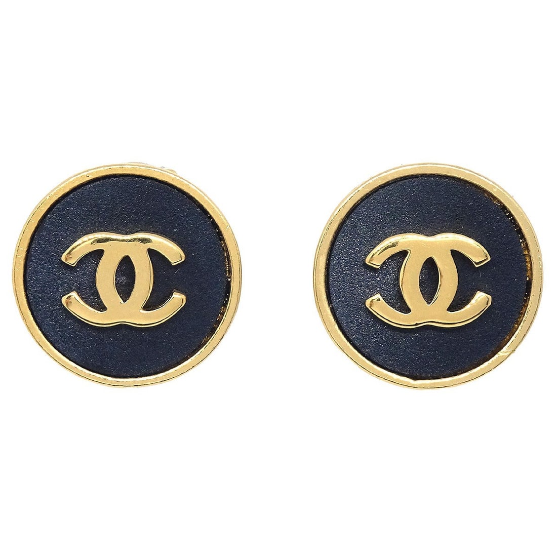 Chanel Gold Plated Round Clip Earrings Black Button Style (1 of 4)