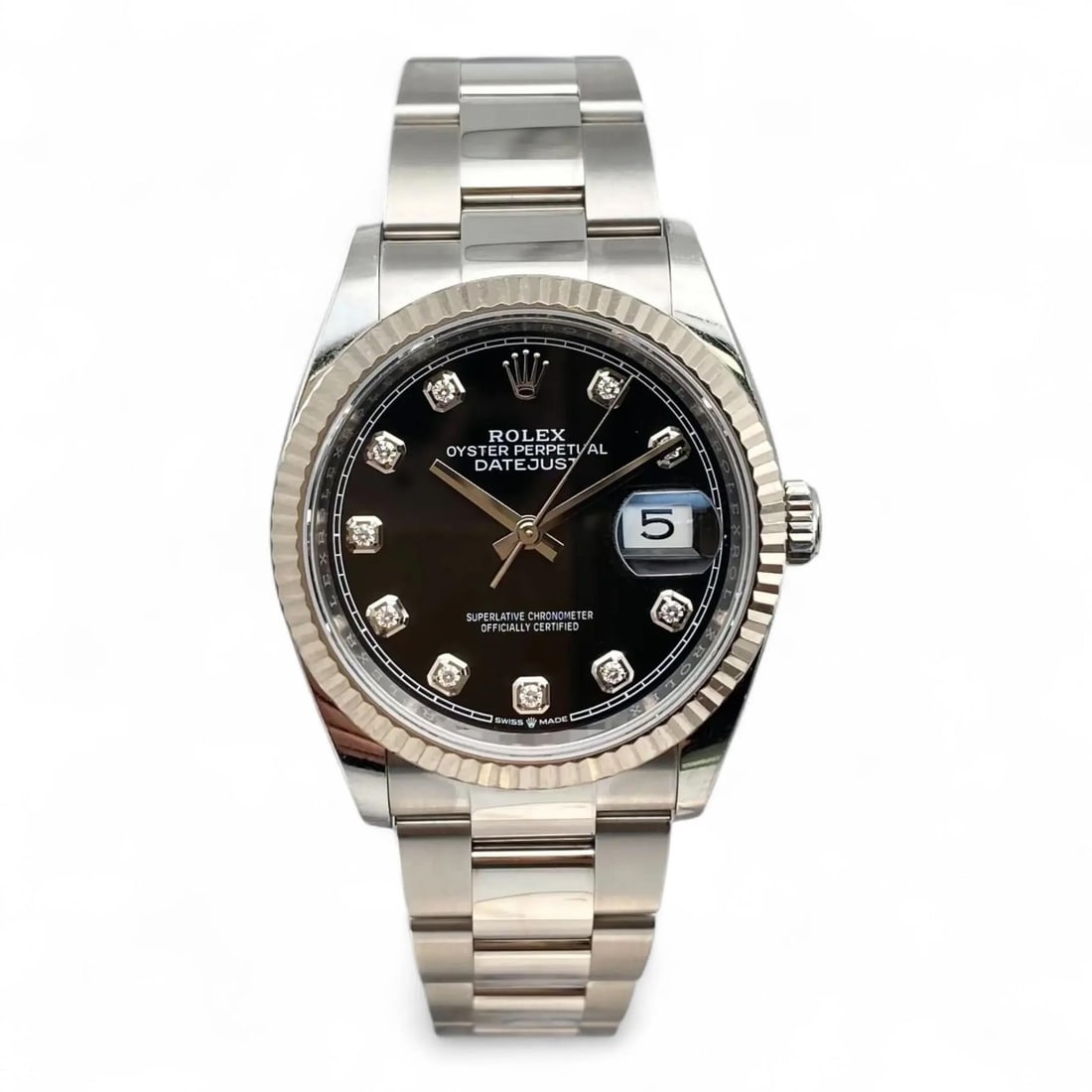 Datejust 36mm Black Diamond Dial Stainless Automatic Watch Ref 126234: Datejust 36mm Black Diamond Dial Stainless Automatic Watch Ref 126234 This Rolex Datejust 36mm wristwatch features a stainless steel case and an elegant black sunburst dial adorned with diamond hour m