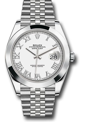 Rolex 126300 Datejust Mens Watch White Roman Dial Jubilee Bracelet 2022 Card: Rolex 126300 Datejust Mens Watch White Roman Dial Jubilee Bracelet 2022 Card This Rolex Datejust watch features a white Roman numeral dial and a smooth bezel. It is fitted with a Jubilee bracelet and