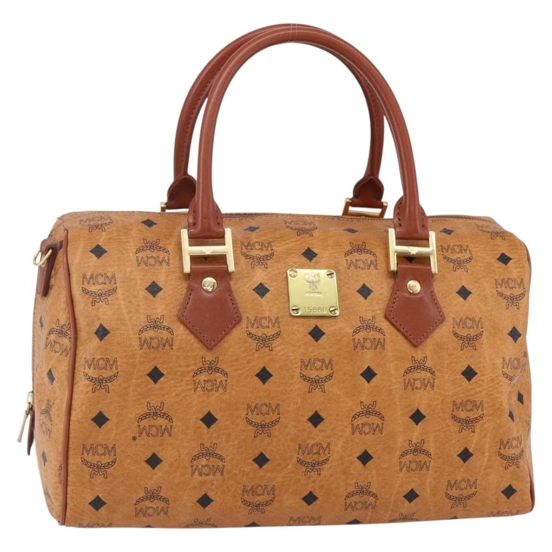 MCM Logogram Boston Bag PVC Leather Brown Gold Authentic 149334 (1 of 18)