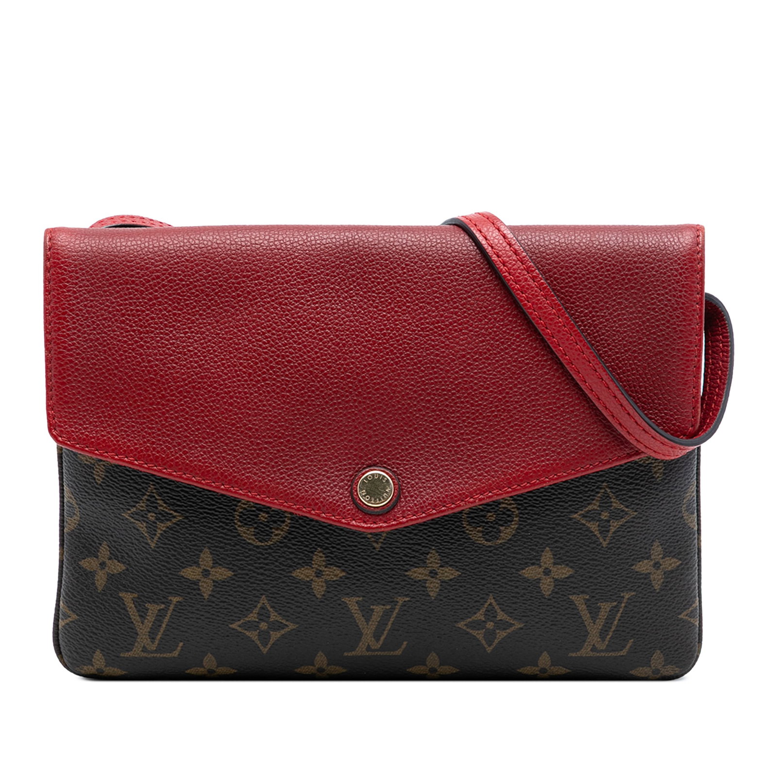 Monogram Twice Shoulder Bag by Louis Vuitton in Brown Canvas: Monogram Twice Shoulder Bag by Louis Vuitton in Brown Canvas This Louis Vuitton Monogram Twice bag features a monogram canvas body with a flat leather strap. The design includes a front leather flap s