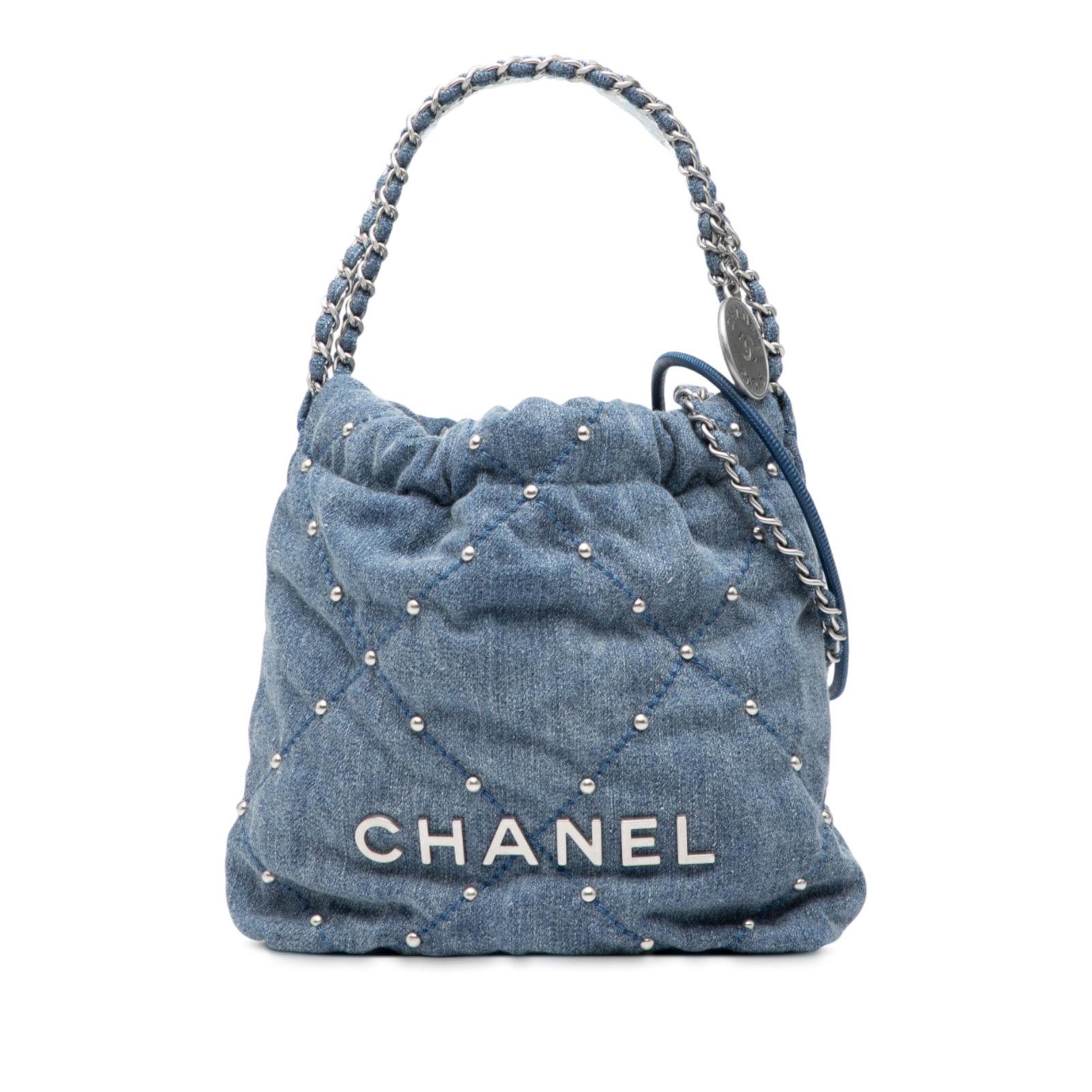 Chanel Mini Denim Studded 22 Handbag Blue Fabric Italy (1 of 8)
