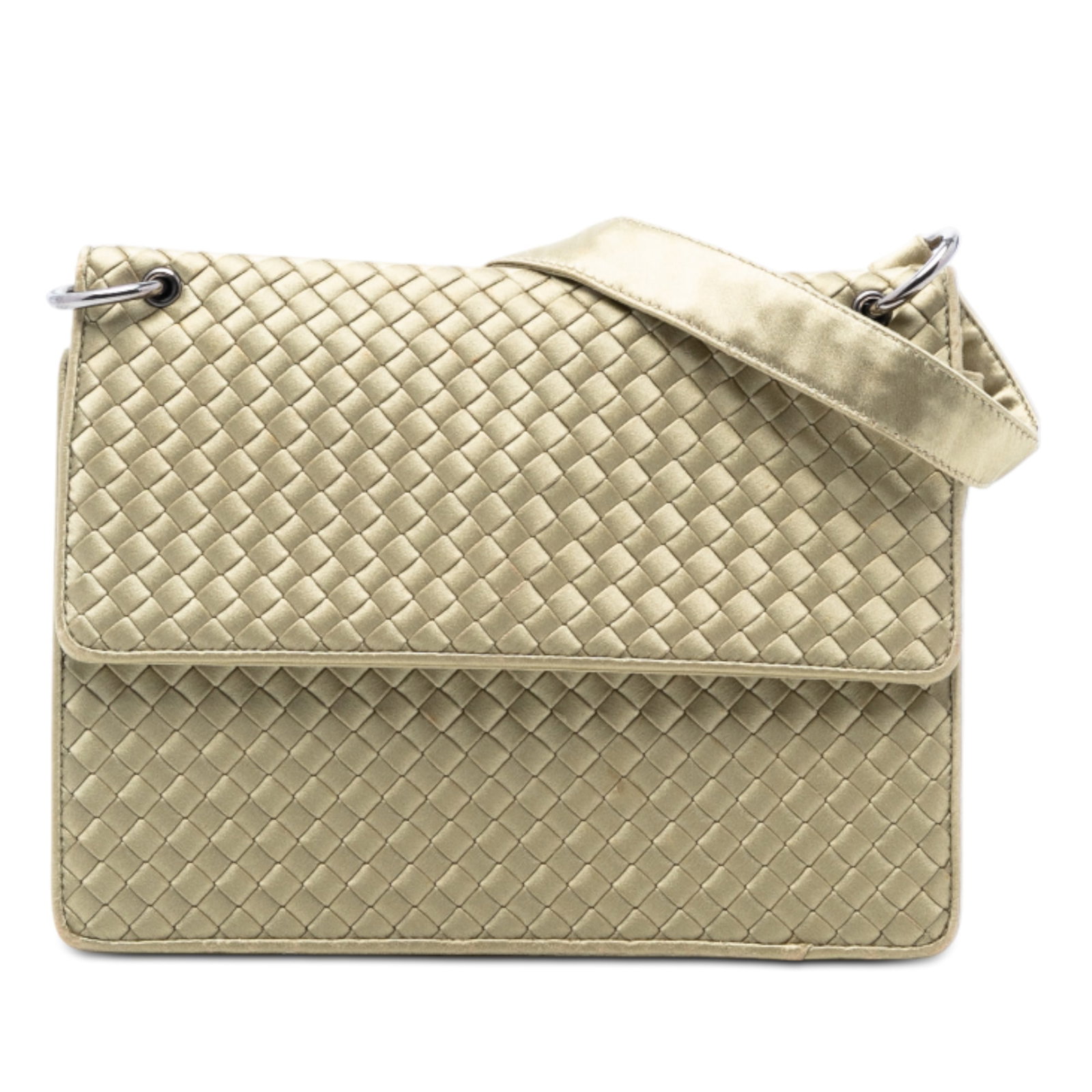 Bottega Veneta Gold Satin Woven Flap Shoulder Bag: Bottega Veneta Gold Satin Woven Flap Shoulder Bag This Bottega Veneta shoulder bag features a woven satin body in gold, a flat shoulder strap, a front flap with magnetic snap button closure, and an in