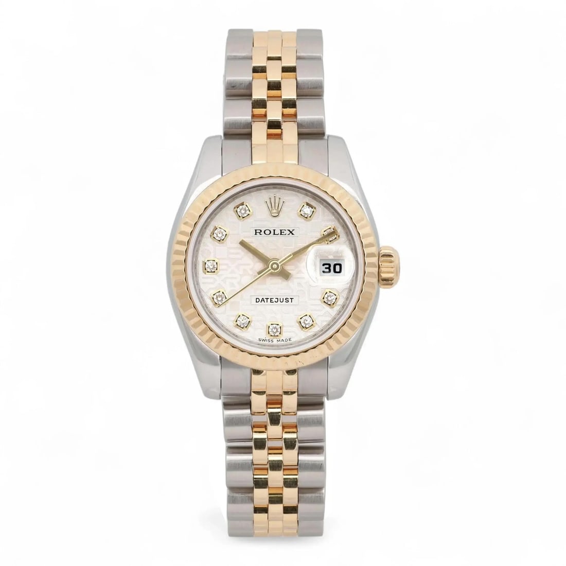Rolex Datejust 26mm Gold Steel Jubilee Silver Dial Watch 179173: Rolex Datejust 26mm Gold Steel Jubilee Silver Dial Watch 179173 Introducing the Rolex Datejust, a luxurious wristwatch crafted in Switzerland. This exquisite timepiece features a 26mm round case made