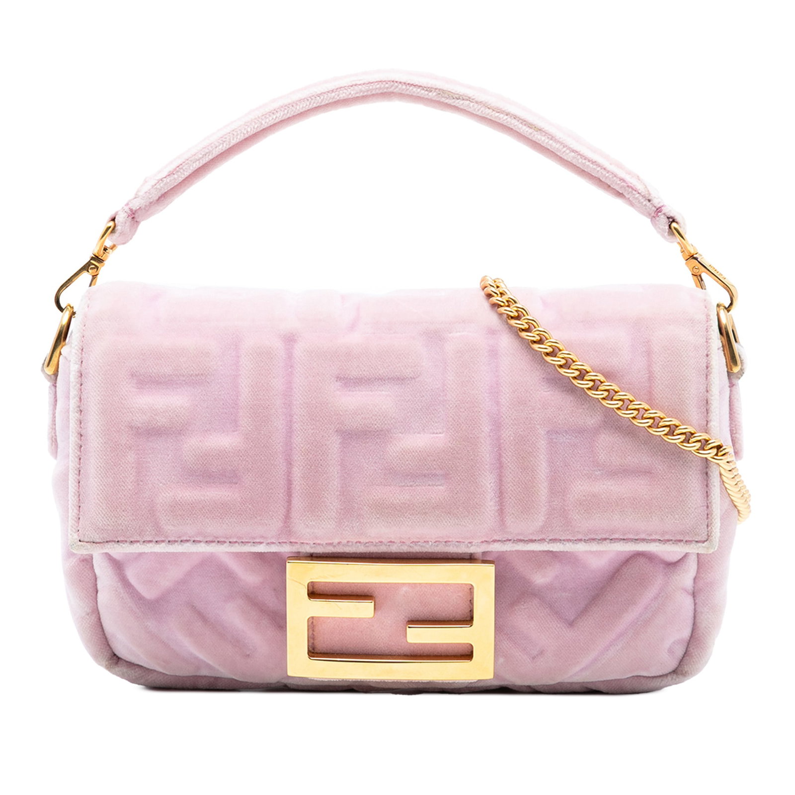 Fendi Mini Zucca Velvet Baguette Satchel Pink Italy: Fendi Mini Zucca Velvet Baguette Satchel Pink Italy This Fendi Mini Zucca Embossed Velvet Baguette Satchel exudes elegance with its soft pink embossed velvet body. It features a detachable flat handle