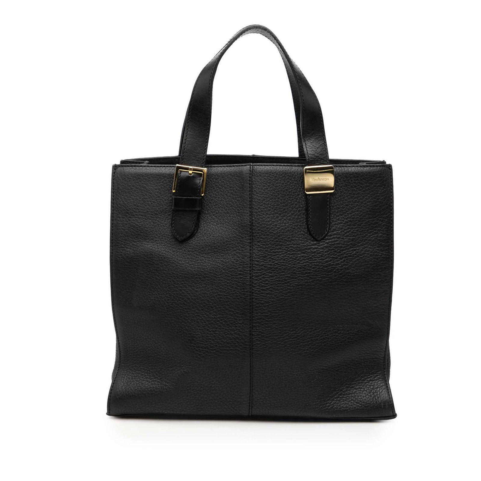 Black Leather Tote Bag by Burberry with Magnetic Closure: Black Leather Tote Bag by Burberry with Magnetic Closure This Burberry tote bag is crafted from black leather and features flat leather handles, an open top with a magnetic snap closure, a top zip com