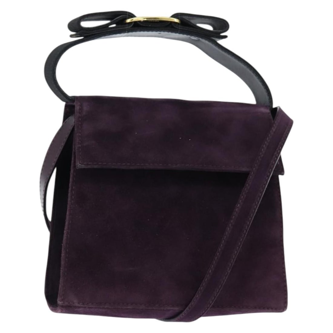 Salvatore Ferragamo Vala Suede Hand Bag Purple Gold Authentic: Salvatore Ferragamo Vala Suede Hand Bag Purple Gold Authentic This Salvatore Ferragamo Vala Hand Bag is a stunning accessory crafted from luxurious suede in a striking purple and gold color combinatio