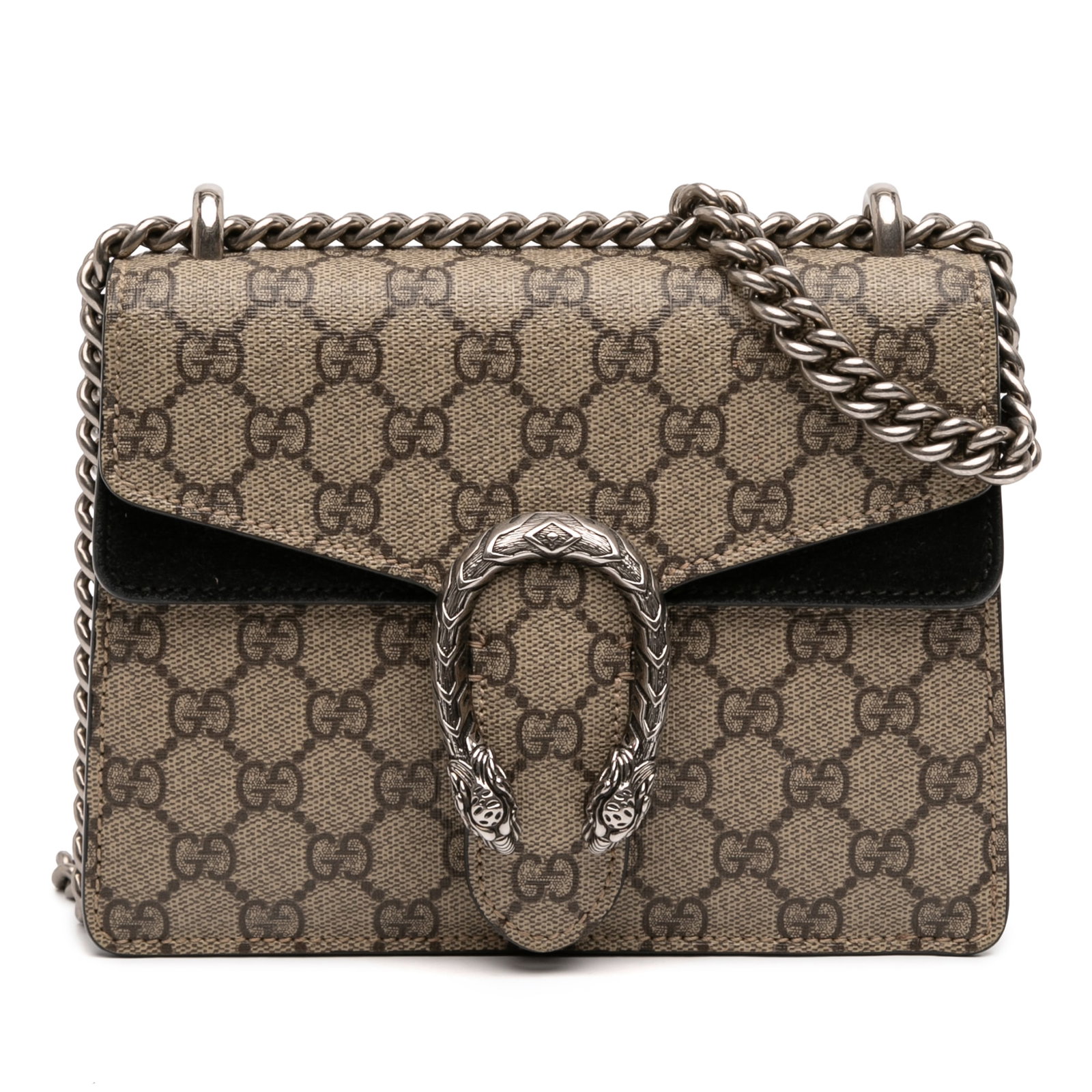 Gucci Dionysus Small GG Supreme Canvas Crossbody Bag with Chain Strap: Gucci Dionysus Small GG Supreme Canvas Crossbody Bag with Chain Strap This Small GG Supreme Dionysus Crossbody bag features a coated canvas body with suede leather trim, a silver-tone chain strap, a t
