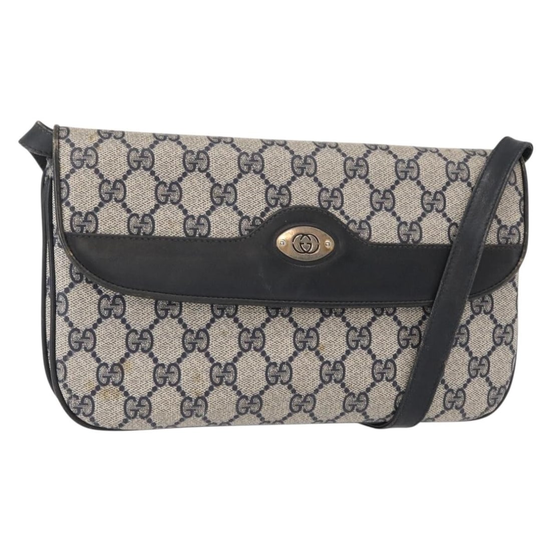 GUCCI GG Supreme Shoulder Bag PVC Navy Gold 004 106 0024 Auth Italy: GUCCI GG Supreme Shoulder Bag PVC Navy Gold 004 106 0024 Auth Italy This authentic GUCCI GG Supreme Shoulder Bag is crafted from durable PVC leather in a sophisticated navy and gold colorway. With dim