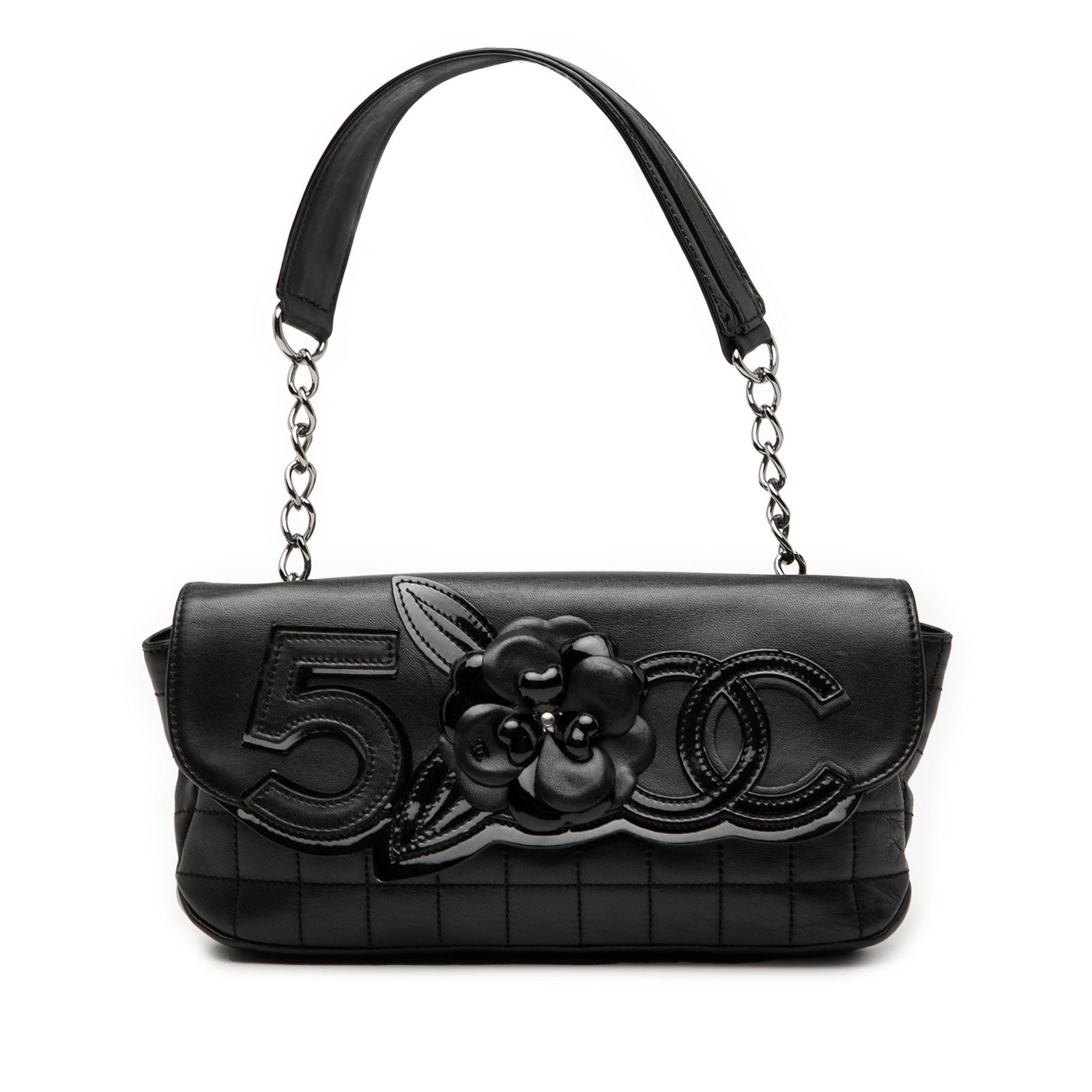 Chanel Camellia Choco Bar No 5 Black Lambskin Quilted Shoulder Bag: Chanel Camellia Choco Bar No 5 Black Lambskin Quilted Shoulder Bag This Chanel Camellia CC Choco Bar No 5 shoulder bag features a quilted lambskin leather body in black, complemented by a chain and le