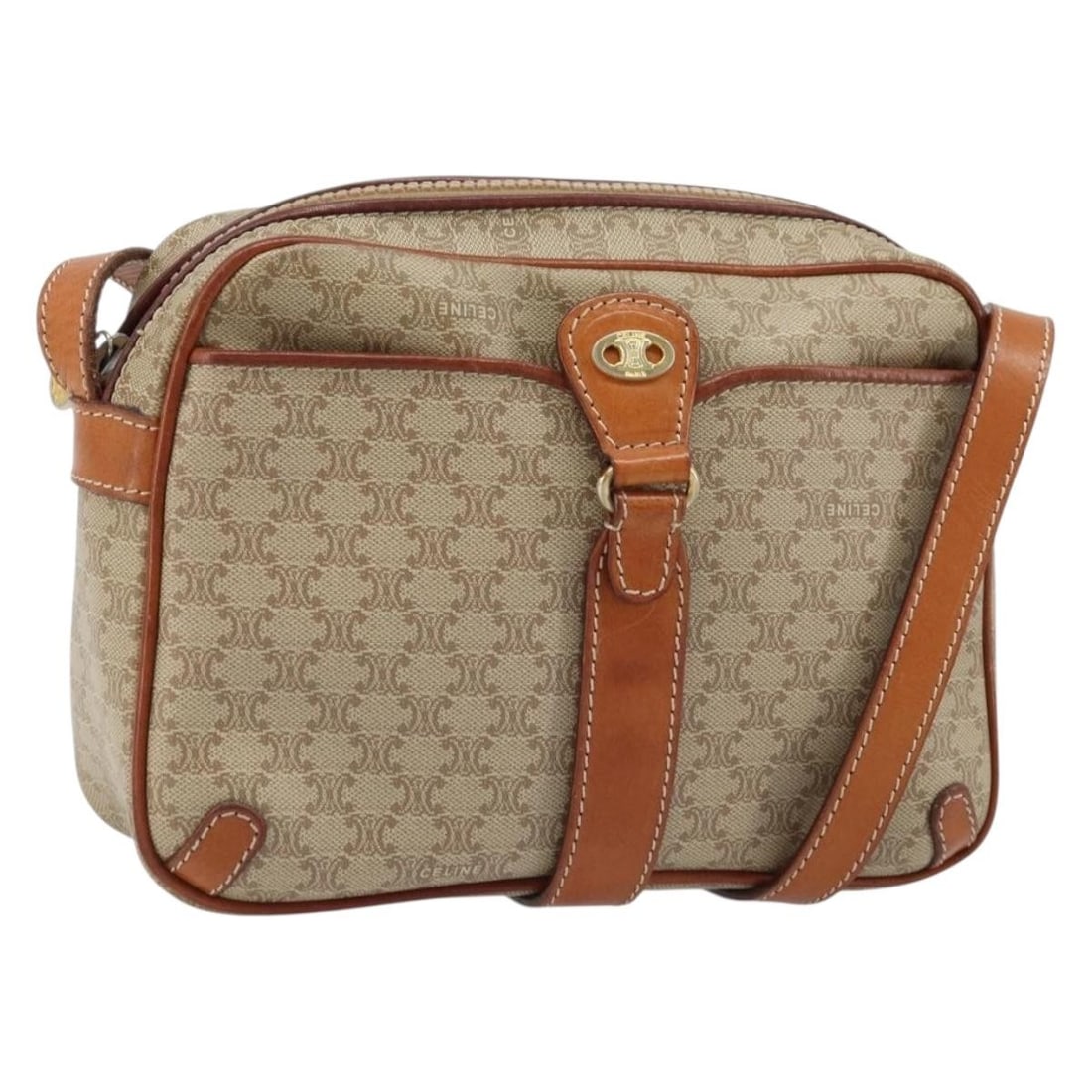 Celine Macadam Beige PVC Canvas Shoulder Bag Gold Accents Italy: Celine Macadam Beige PVC Canvas Shoulder Bag Gold Accents Italy This CELINE Macadam Canvas shoulder bag features a beige and gold PVC leather exterior with the signature Macadam canvas design. Designe