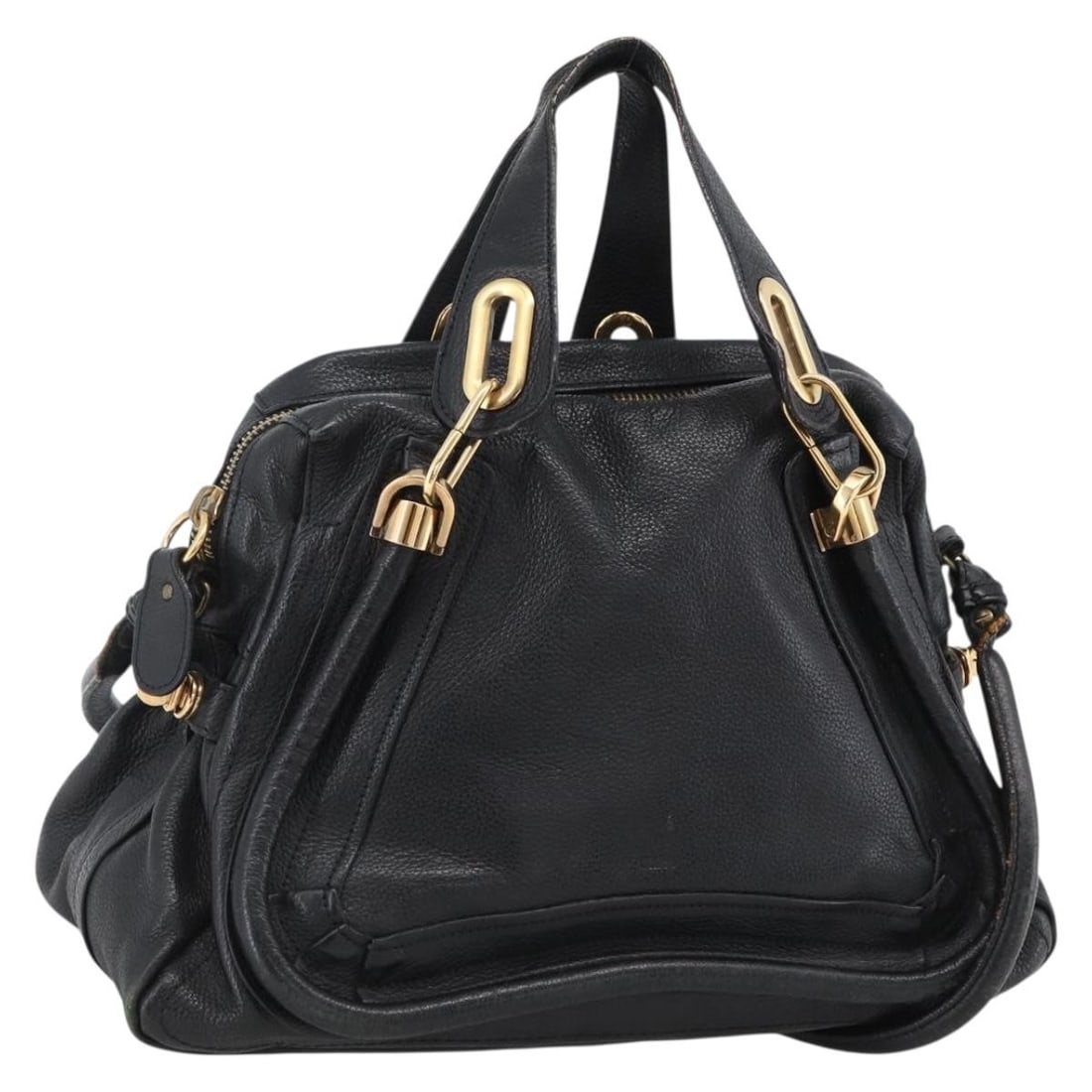 Chloe Black Leather Two Way Handbag with Gold Accents Italy: Chloe Black Leather Two Way Handbag with Gold Accents Italy This Chloe 2-way handbag features a black and gold leather exterior and can be carried by hand or over the shoulder. Made in Italy, it is de