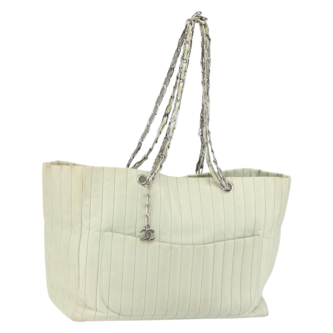 Chanel Mademoiselle Ivory Lambskin Shoulder Bag with Silver Chain Accent: Chanel Mademoiselle Ivory Lambskin Shoulder Bag with Silver Chain Accent This is a CHANEL Mademoiselle chain shoulder bag crafted from ivory lambskin leather with silver-tone accents. Made in Italy, t