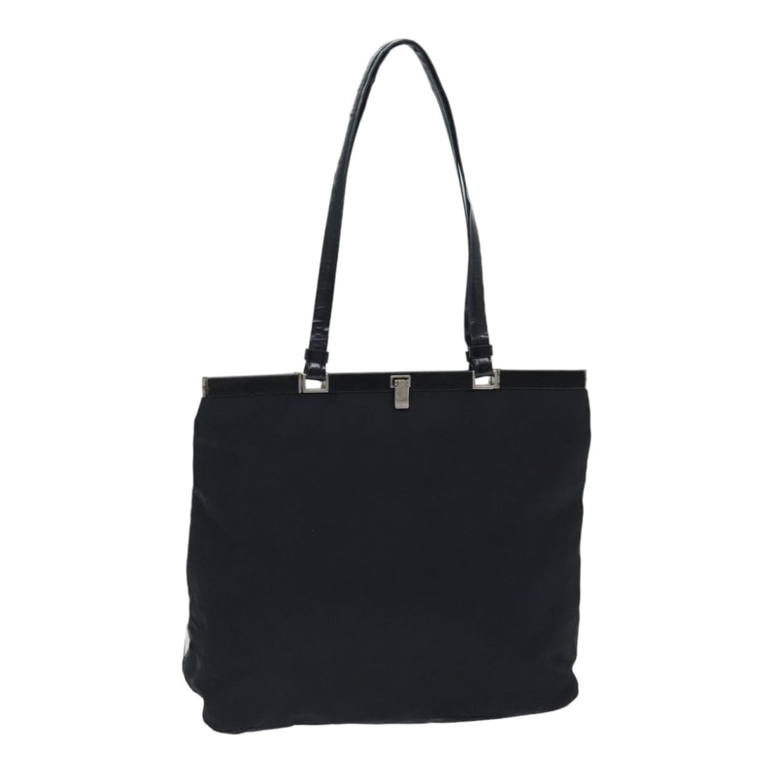 Prada Black Nylon Tote Bag with Silver-Tone Accents for Women: Prada Black Nylon Tote Bag with Silver-Tone Accents for Women This PRADA tote bag is crafted from black nylon with silver-tone accents and is designed for women. The bag features a spacious main compa
