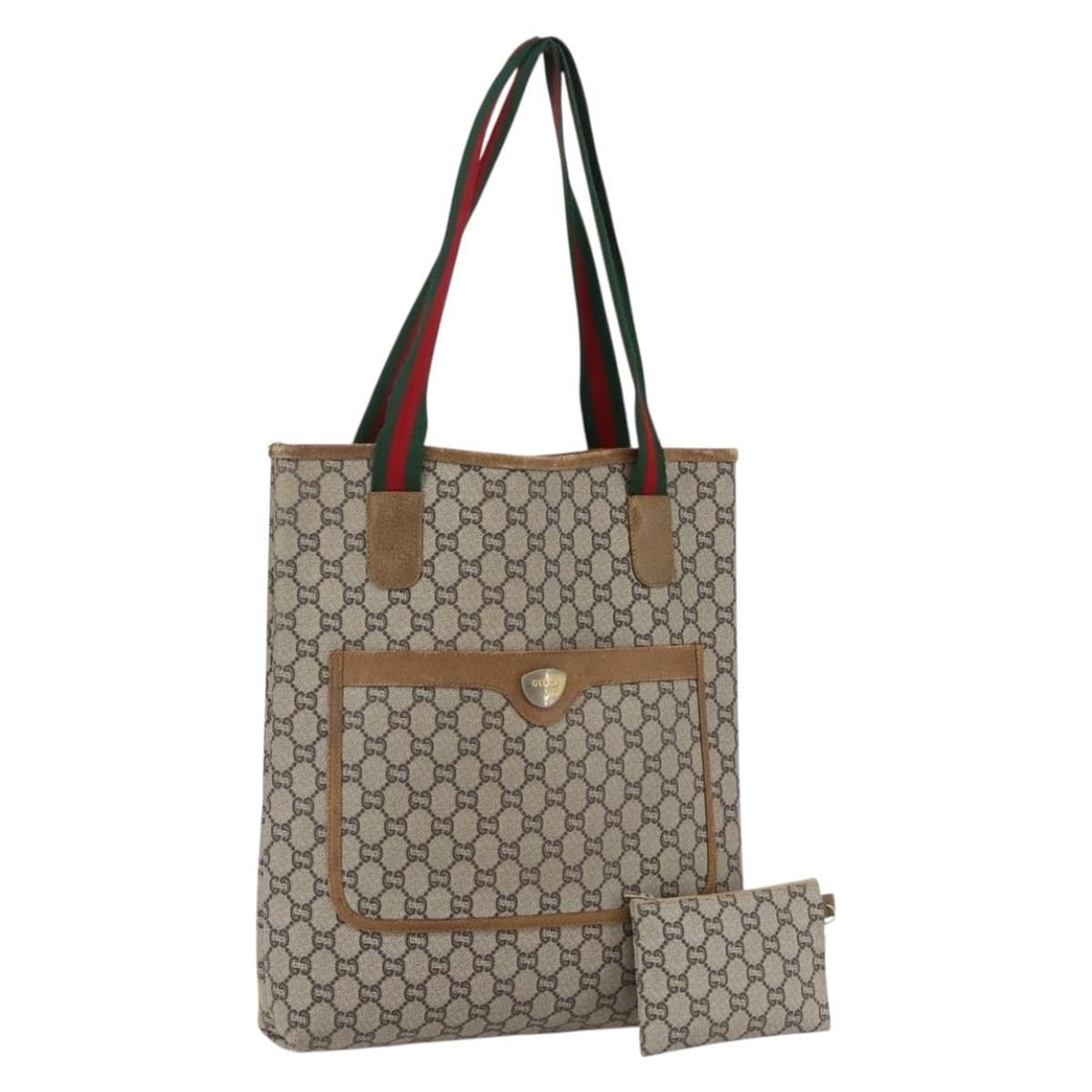 Gucci Plus Sherry Line Beige PVC Tote with Gold Accents and Pouch: Gucci Plus Sherry Line Beige PVC Tote with Gold Accents and Pouch This is a Gucci Plus Supreme Web Sherry Line tote bag crafted from beige and gold PVC leather with GG canvas accents. The bag features