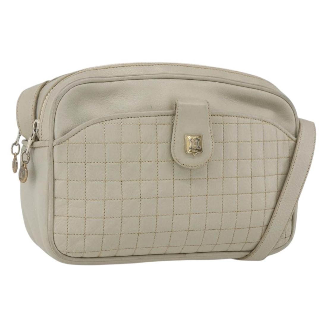 Celine White and Gold Leather Shoulder Bag from Italy: Celine White and Gold Leather Shoulder Bag from Italy This CELINE shoulder bag is crafted from leather in a white and gold color combination. The bag features a structured silhouette with approximate