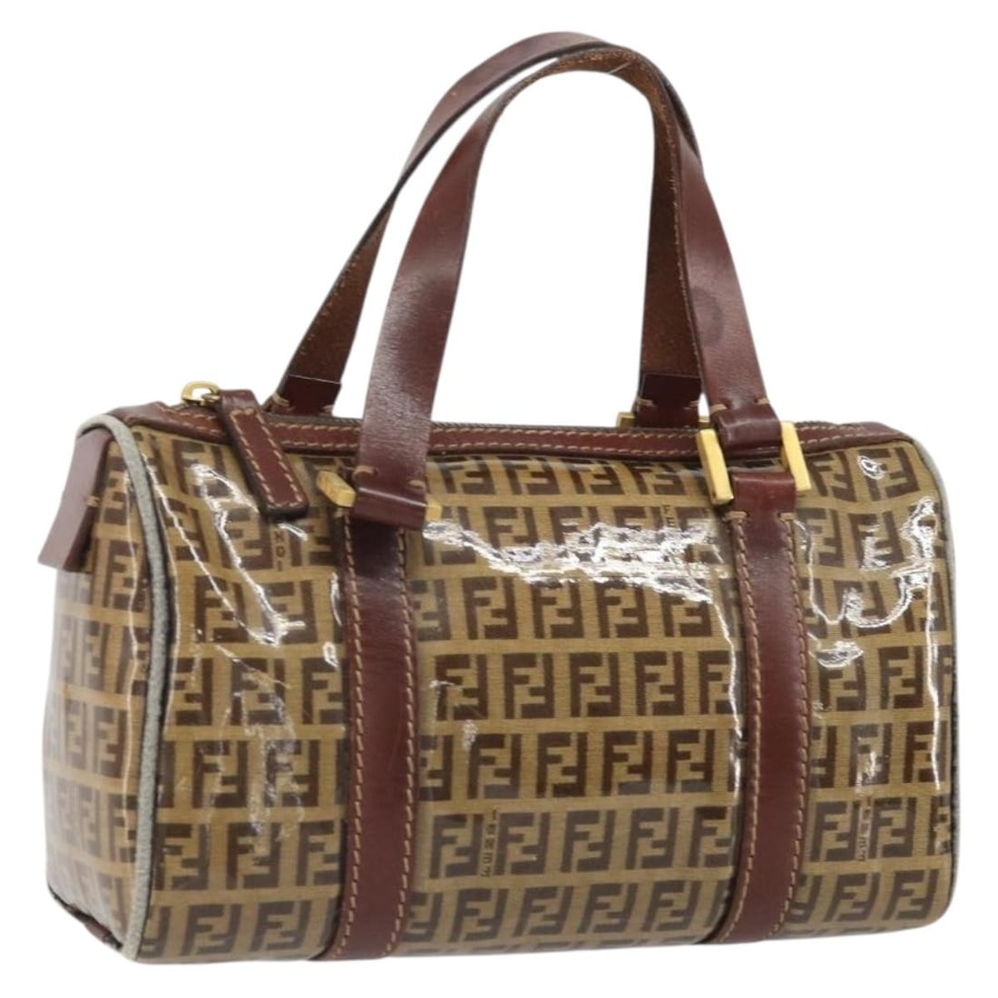 Fendi Boston Bag Zucchino Canvas and Patent Leather Brown Gold Italy: Fendi Boston Bag Zucchino Canvas and Patent Leather Brown Gold Italy This FENDI Zucchino Boston Bag features a stylish combination of brown and gold patent leather with the signature Zucchino canvas.
