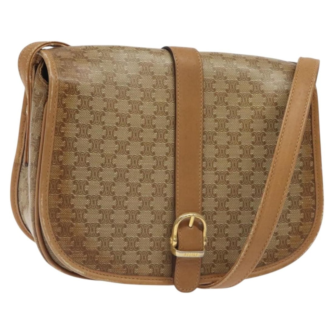 Celine Macadam Beige and Gold PVC Shoulder Bag for Women: Celine Macadam Beige and Gold PVC Shoulder Bag for Women This women's shoulder bag features Celine's signature Macadam canvas and PVC leather in beige and gold tones. Made in Italy, the bag includes a