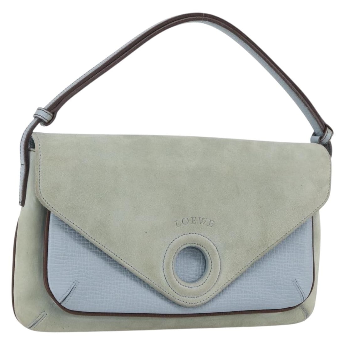 Blue Suede LOEWE Handbag with Silver Accents from Spain: Blue Suede LOEWE Handbag with Silver Accents from Spain This LOEWE handbag is crafted from blue suede with silver accents. Designed in Spain, it features a compact structure with a top handle. The bag