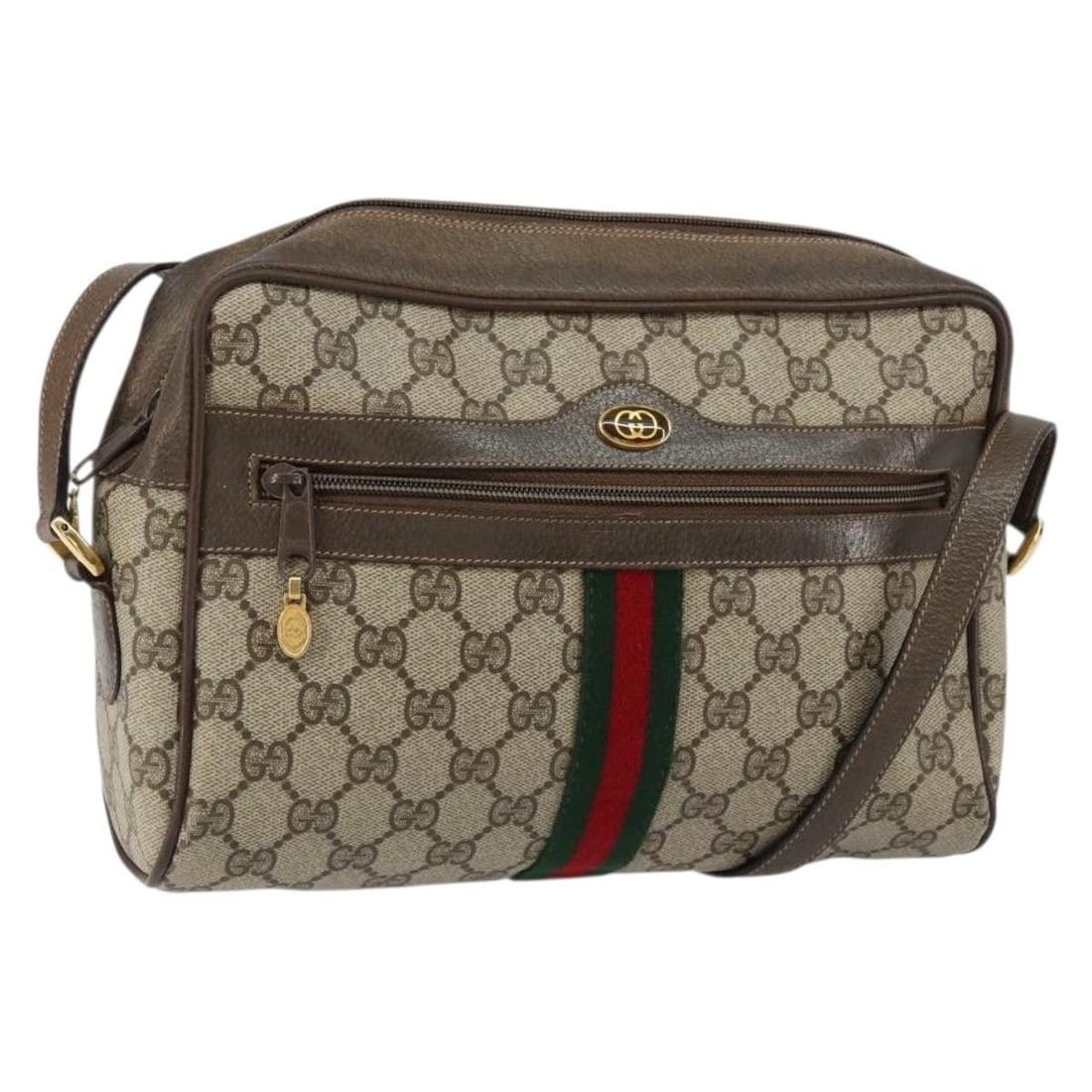 GUCCI GG Supreme Sherry Line Shoulder Bag PVC Beige Gold Red Auth 14 02 005: GUCCI GG Supreme Sherry Line Shoulder Bag PVC Beige Gold Red Auth 14 02 005 This authentic GUCCI GG Supreme Web Sherry Line Shoulder Bag showcases a stylish blend of beige, gold, and red tones, perfec