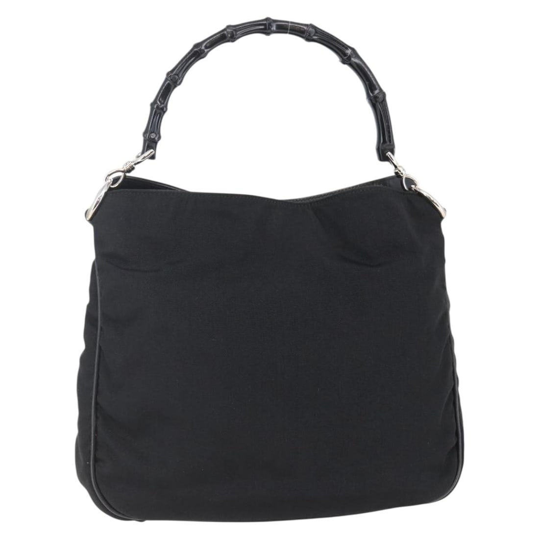 GUCCI Bamboo Hand Bag Nylon Black Silver 001 1638 3754 Authentic: GUCCI Bamboo Hand Bag Nylon Black Silver 001 1638 3754 Authentic This GUCCI Bamboo Hand Bag is a chic accessory crafted from durable nylon in a stylish black and silver color combination. Designed wit