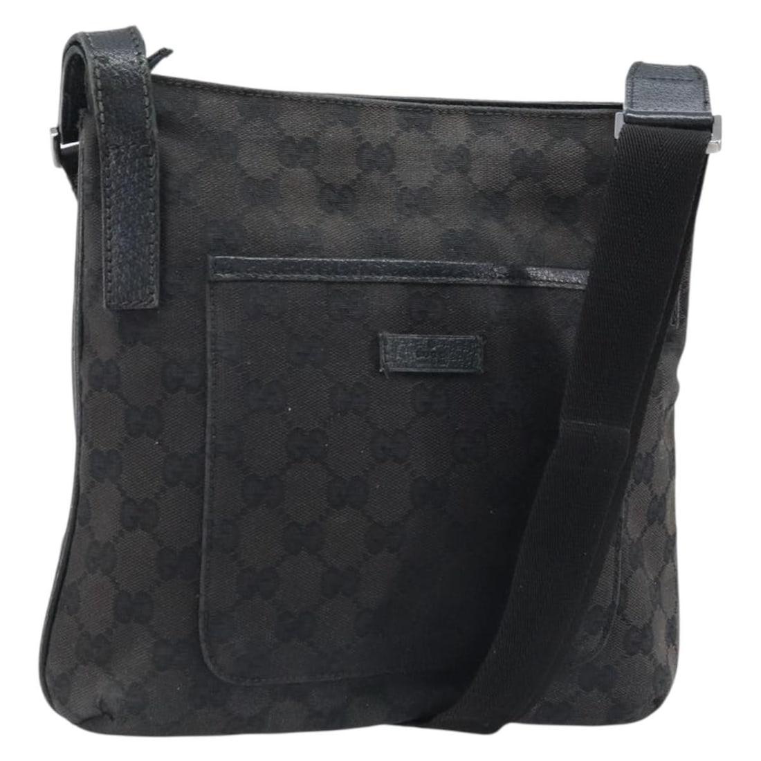 Black GG Canvas Gucci Shoulder Bag with Silver Accents 122793: Black GG Canvas Gucci Shoulder Bag with Silver Accents 122793 This women's shoulder bag features the iconic GG canvas in black and silver tones. Crafted in Italy, it offers a practical design with an