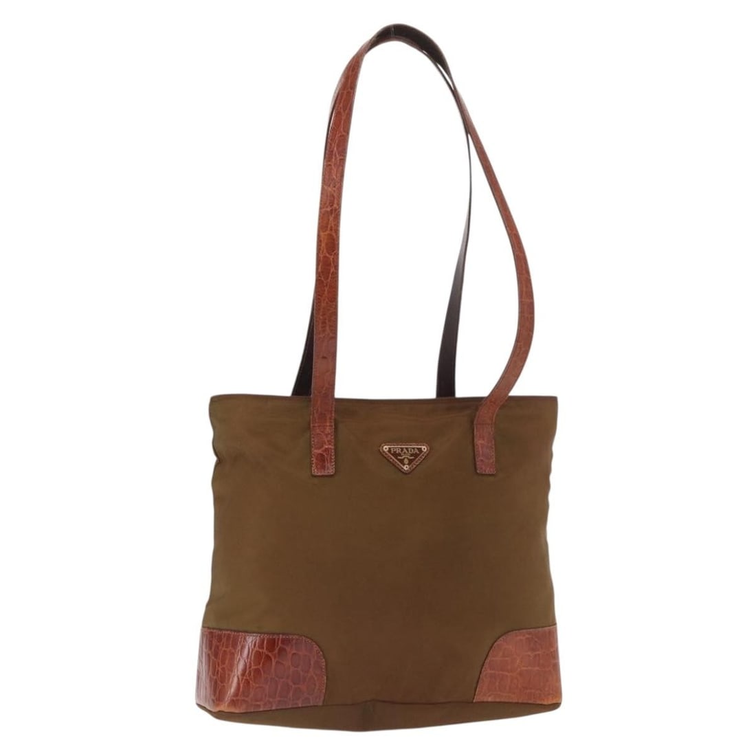 Brown and Gold Nylon PRADA Tote Bag from Italy: Brown and Gold Nylon PRADA Tote Bag from Italy This PRADA tote bag is crafted from brown nylon with gold-tone accents. Made in Italy, it features a spacious interior and comfortable handles with a dro