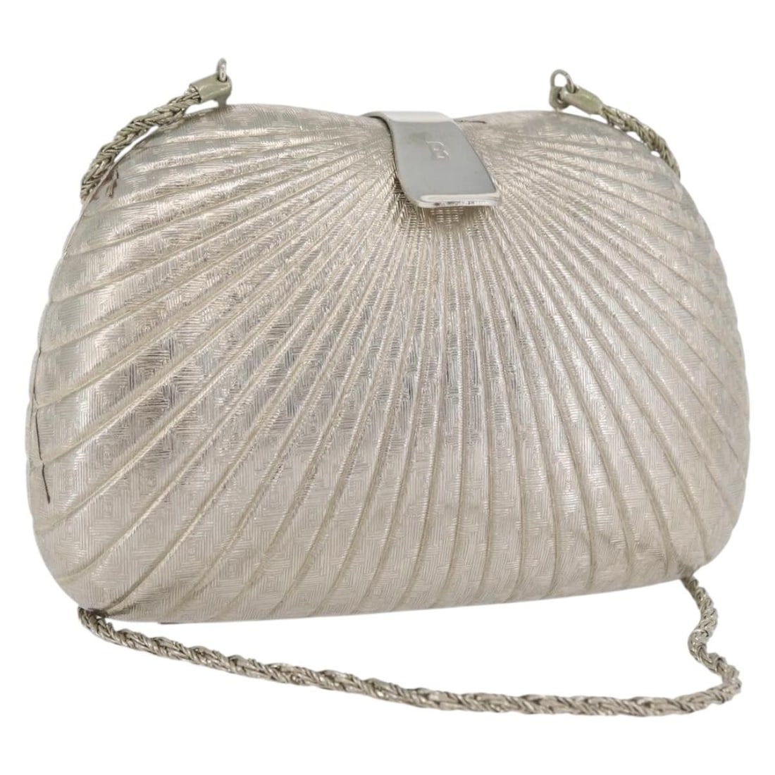 Champagne Gold Metal Shoulder Bag by BALLY with Chain Strap: Champagne Gold Metal Shoulder Bag by BALLY with Chain Strap This BALLY chain shoulder bag features a compact design crafted from metal in a champagne gold tone. Designed for women, it offers a sleek s